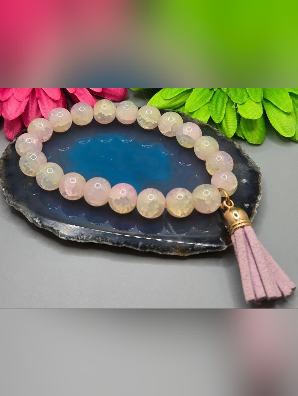 Pink Yellow Crackle Stone Beaded Bracelet w/ Leather Tassel Sz 6½ - 7½